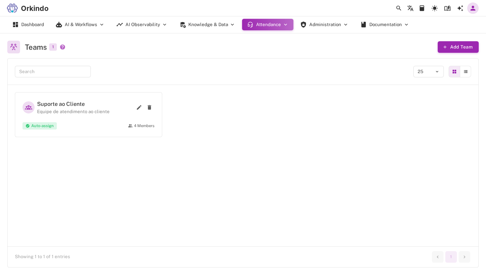 Attendance teams page with a support team and its members