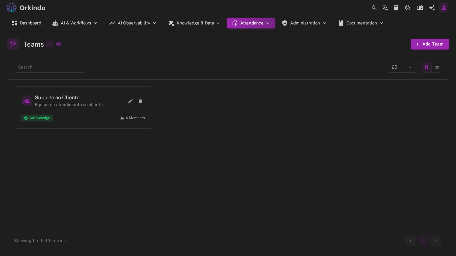 Attendance teams page with a support team and its members