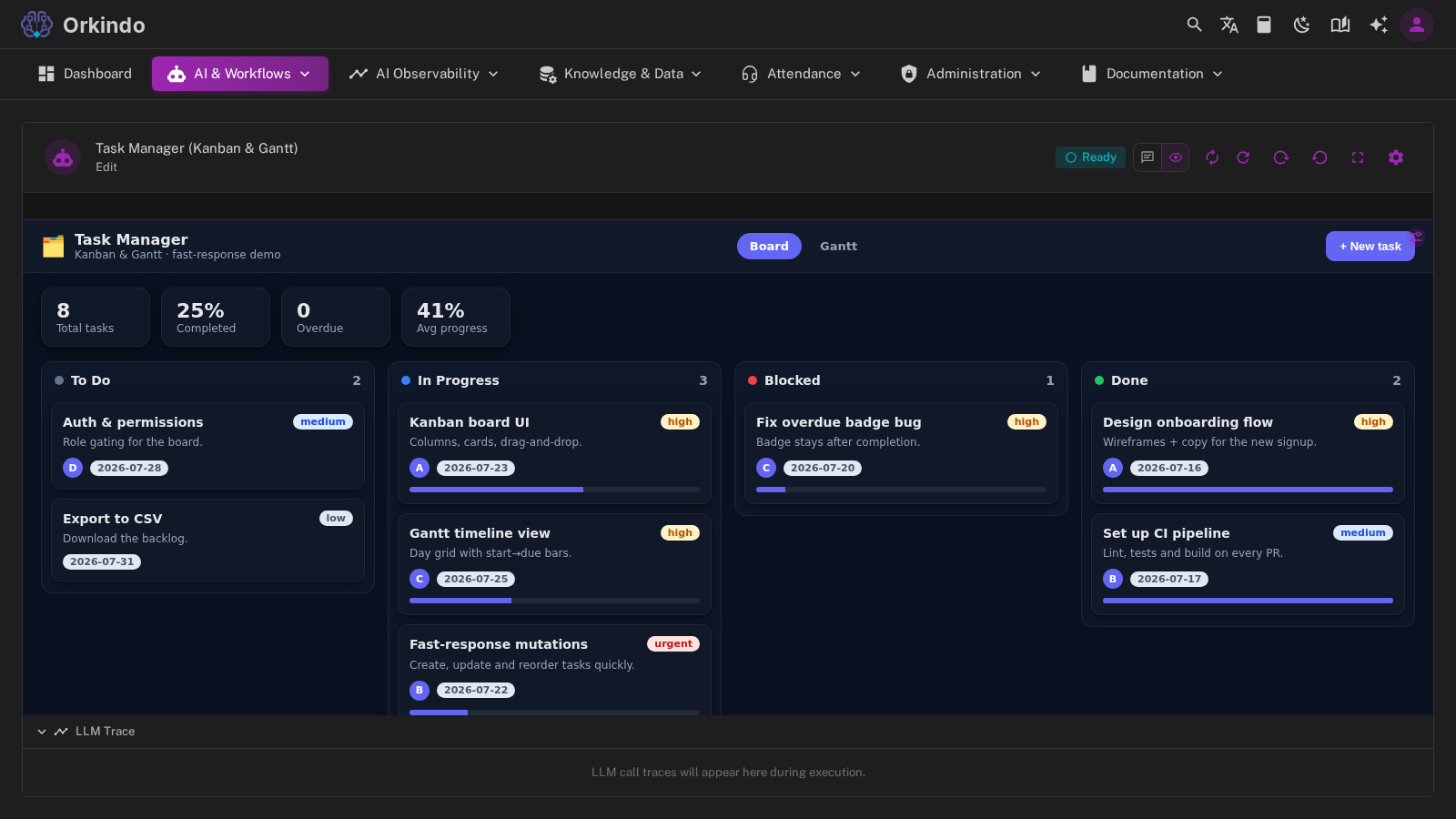 A live Internal App preview in the Builder Area: a drag-and-drop task manager built on a workflow