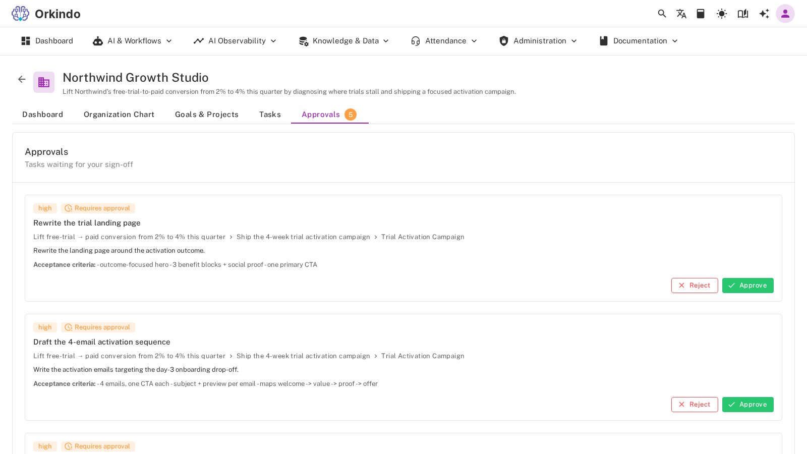 Approval queue where a human reviews agent deliverables